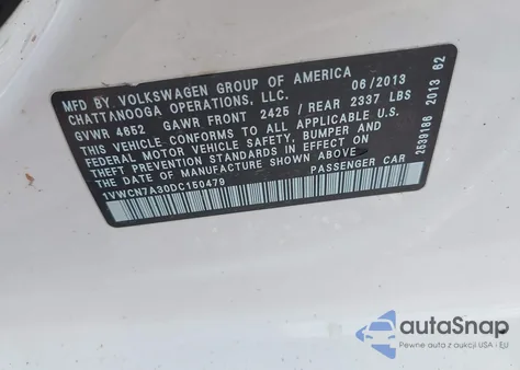 2013 Volkswagen Passat 2.0L Tdi Sel Premium from USA, damaged, VIN 1VWCN7A30DC150479